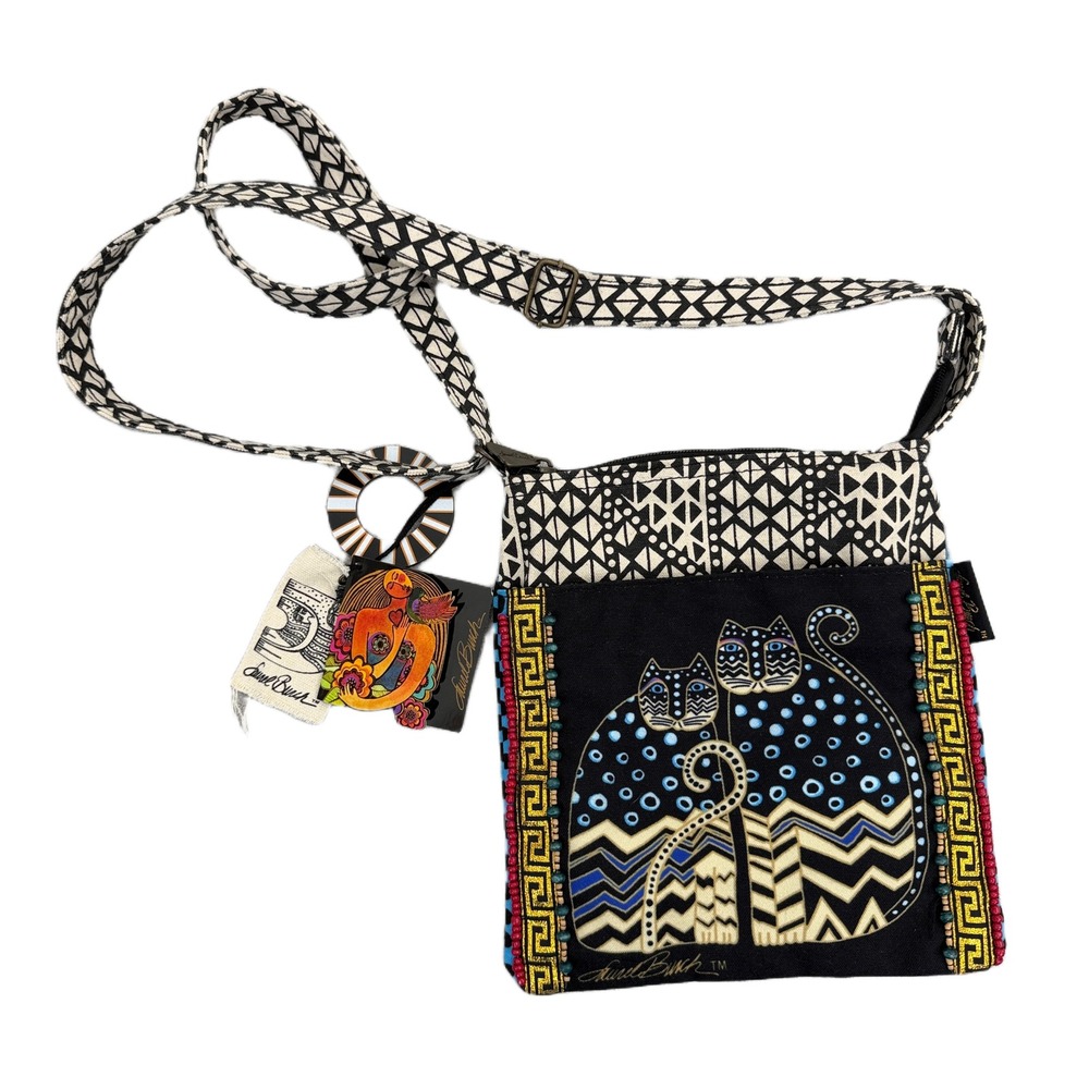 Laurel Burch Crossbody Bag Womens OS Black Multi Cat Canvas Art Colorful